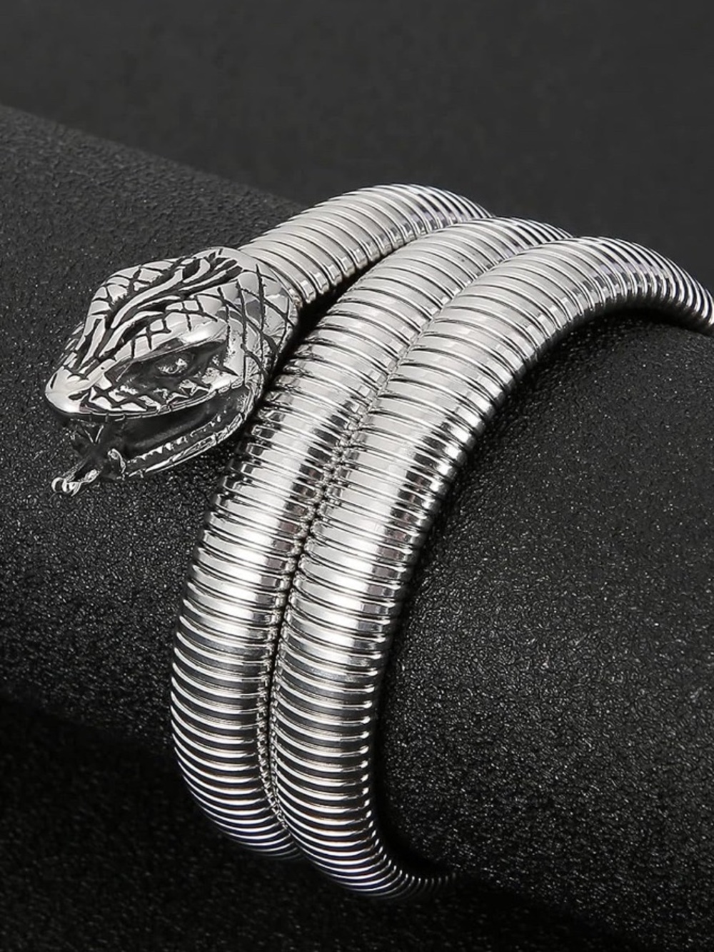 Stainless Steel Silver Snake Coil Bracelet - Sculpted Serpent Head